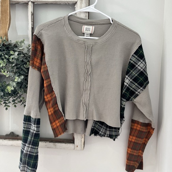 BDG Waffle Knit Tan Patchwork Long Sleeve Top Raw Hem boho grunge Women's Size S - Picture 2 of 4